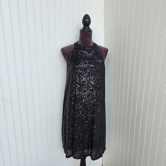 CABLE & GAUGE Women Dress Black Sequin All Over Formal Party Halter Stretch Sz L - Picture 1 of 12
